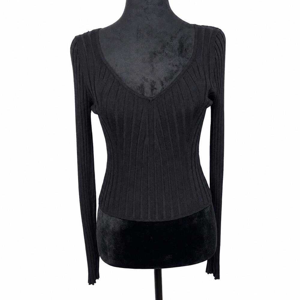 Sincerely Jules Rib Knit Sweater Sz Medium Black Crop V-Neck Long Sleeve Top Y2K